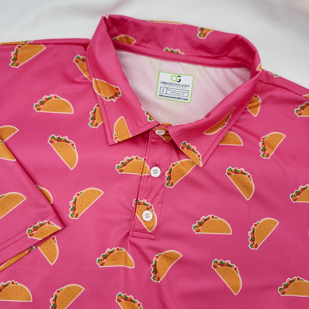 Obnoxious Golf Mens Taco Print Polo Size L Bright Pink Performance Loud Foodie